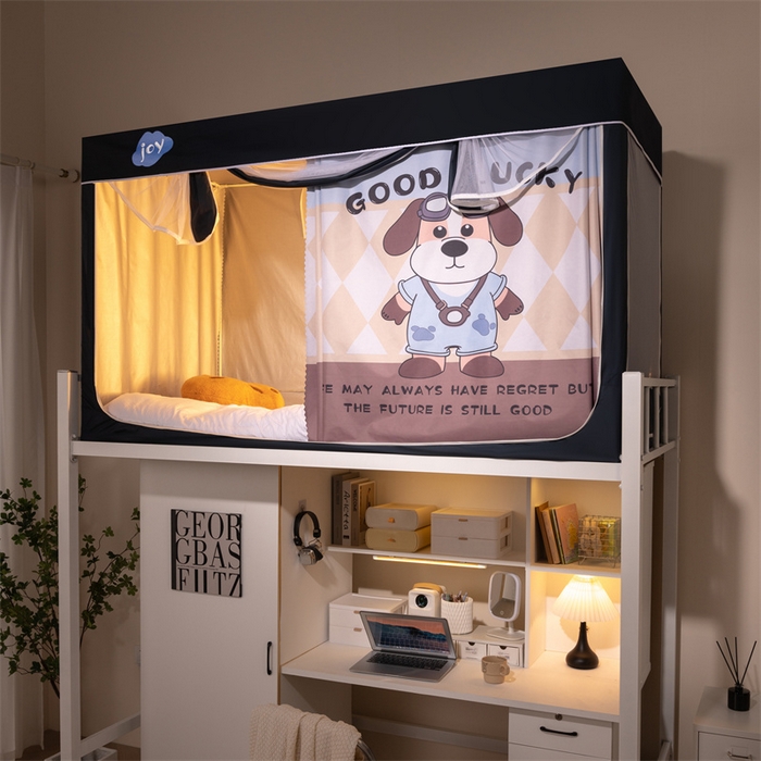 91家纺网 家纺一手货源 找家纺 新太阳蚊帐 2025新款涂层遮光防蚊款学生床帘 黄格子眼镜狗