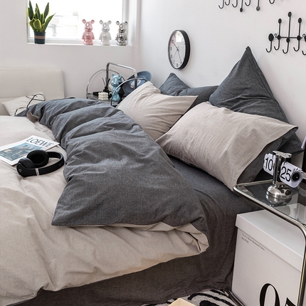 91家纺网 家纺一手货源 找家纺 羋多（原穆琪） 2024新款A类全棉色织水洗棉纯色四件套 浅米拼深灰（双拼）