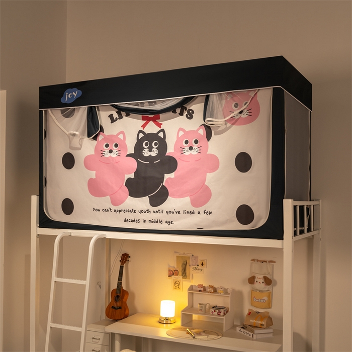 91家纺网 家纺一手货源 找家纺 新太阳蚊帐 2025新款涂层遮光防蚊款学生床帘 芭蕾猫咪