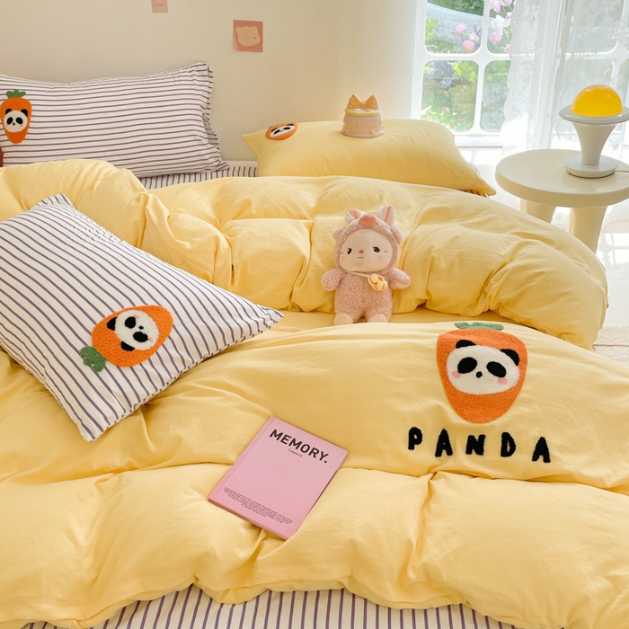 91家纺网 家纺一手货源 找家纺 葡萄家纺 2024款水果熊猫系列云朵水洗棉毛巾绣四件套第二批（提供买家秀） 香芋芝士-黄