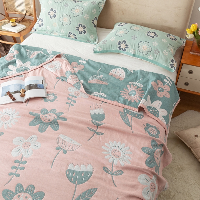 91家纺网 家纺一手货源 找家纺 朴尔家纺-毛巾被 2024新款四层韩版碎花风全棉纱布毛巾被 清新夏日-粉