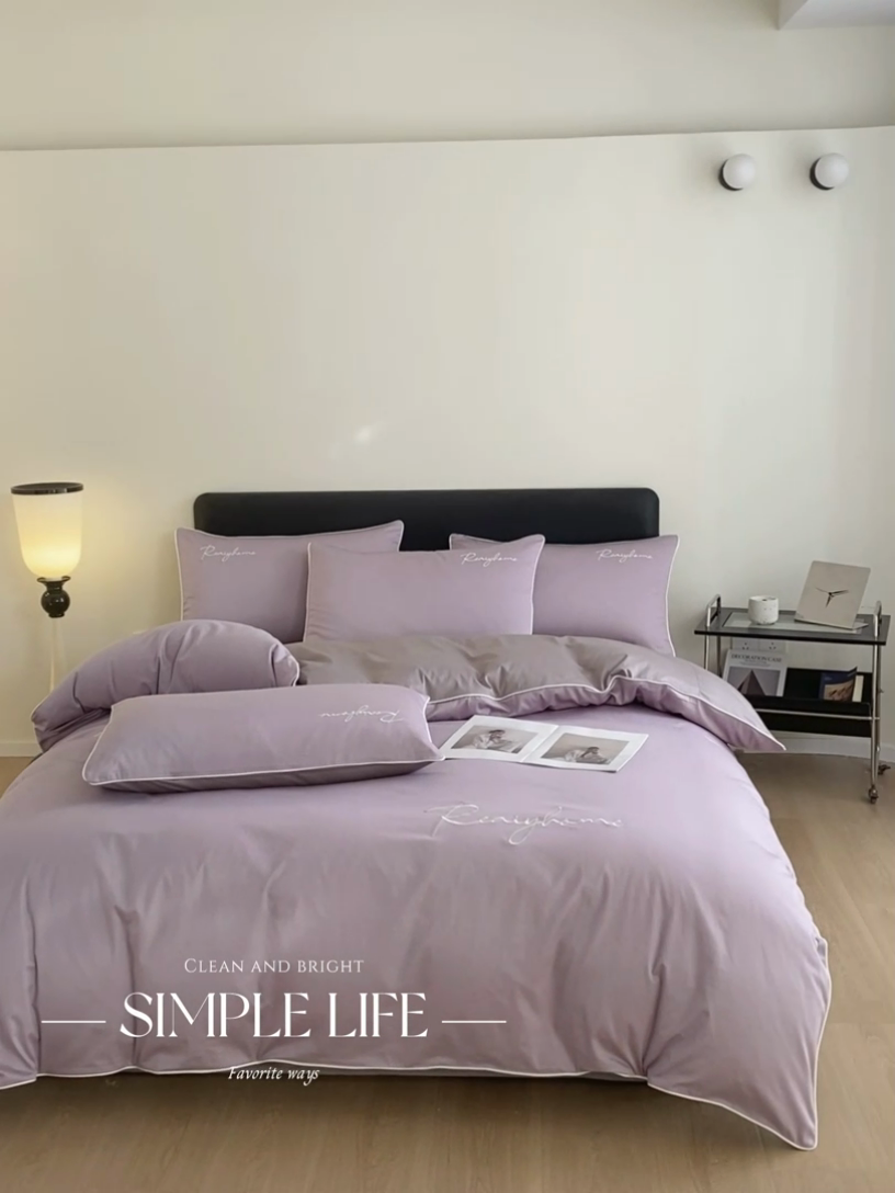 91家纺网 家纺一手货源 找家纺 慕色家纺 2024新款全棉刺绣四件套轻奢系列 轻奢-罗兰紫+古铜灰