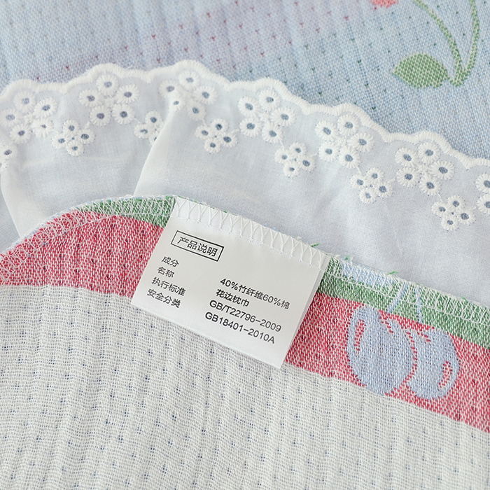 91家纺网 家纺一手货源 找家纺 朴尔家纺-毛巾被 2024新款韩式花边四层纱枕巾纯棉竹纤维加大成人纱布枕头巾 樱桃日记-蓝-52*78cm