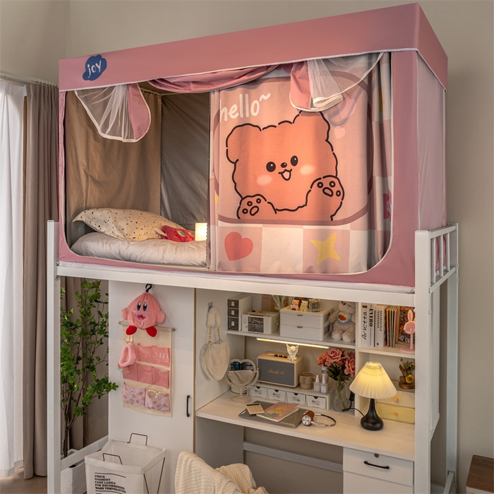 91家纺网 家纺一手货源 找家纺 新太阳蚊帐 2025新款涂层遮光防蚊款学生床帘 粉格熊