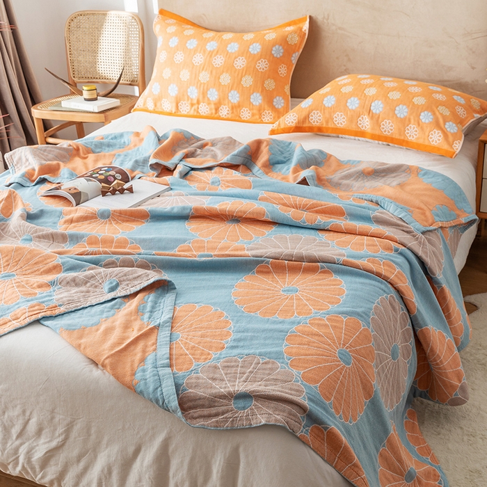 91家纺网 家纺一手货源 找家纺 朴尔家纺-毛巾被 2024新款四层韩版碎花风全棉纱布毛巾被 橘子物语-兰