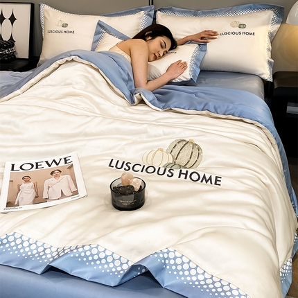 91家纺网 家纺一手货源 找家纺 如一 2024新款南瓜系列水洗冰丝夏被四件套 南瓜-奶白青