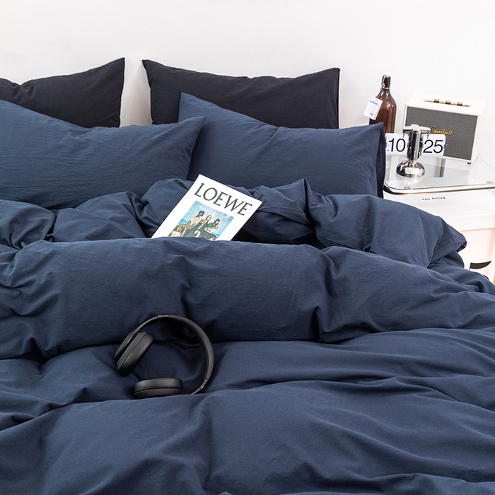 91家纺网 家纺一手货源 找家纺 羋多（原穆琪） 2024新款A类全棉色织水洗棉纯色四件套 藏青