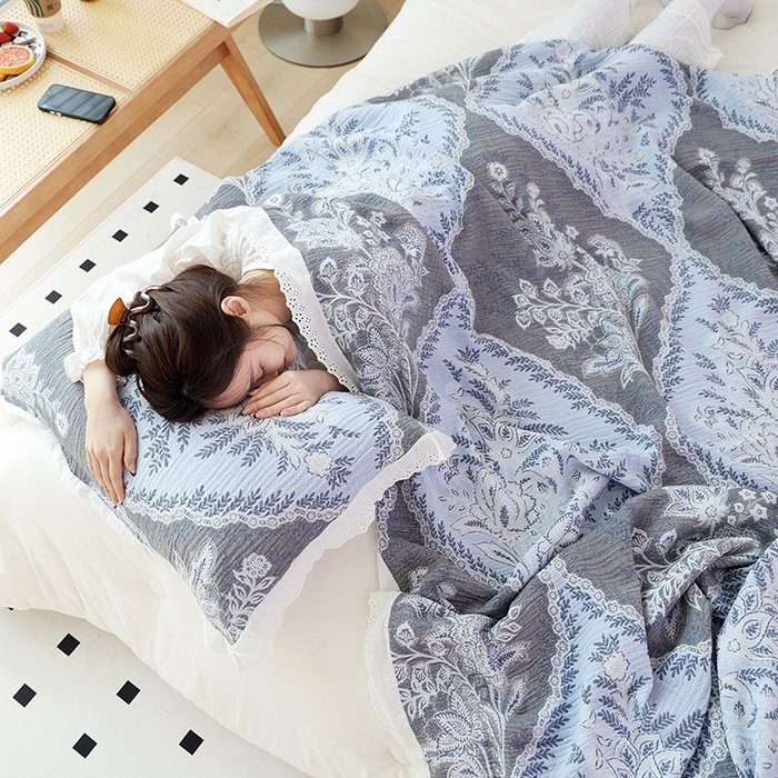 91家纺网 家纺一手货源 找家纺 朴尔家纺-毛巾被 2024新款韩式花边纯棉竹纤维加大成人纱布毛巾被 半夏时光-毛巾被