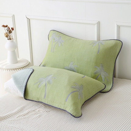 91家纺网 家纺一手货源 找家纺 朴尔家纺-毛巾被 2024新款柔绵绵风贝壳针复合工艺六层纱布枕巾 海岛椰林-绿枕巾
