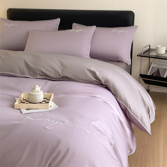 91家纺网 家纺一手货源 找家纺 慕色家纺 2024新款全棉刺绣四件套轻奢系列 轻奢-罗兰紫+古铜灰