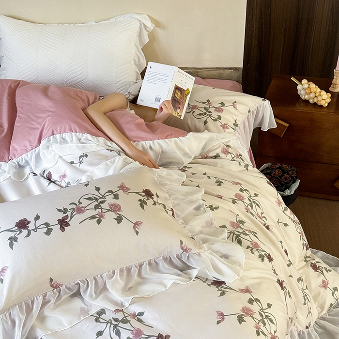 91家纺网 家纺一手货源 找家纺 窝米 2024新款纯棉法式复古雪纺大花边四件套 镜生花边款