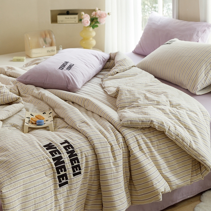 91家纺网 家纺一手货源 找家纺 荔禾家居 2024新款ins混搭博主风全棉色织水洗棉夏被四件组 橘络