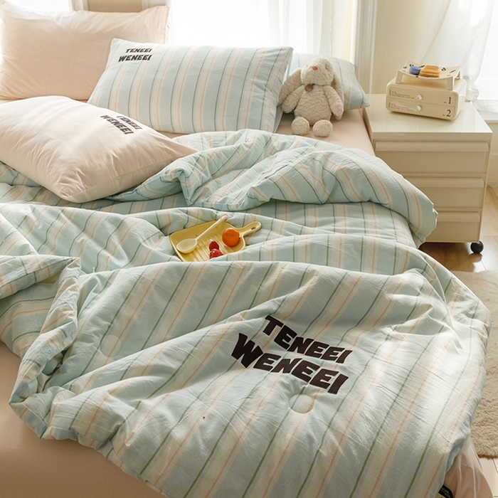 91家纺网 家纺一手货源 找家纺 荔禾家居 2024新款ins混搭博主风全棉色织水洗棉夏被四件组 烟画