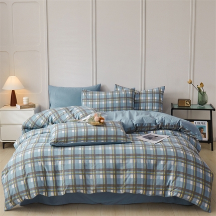 91家纺网 家纺一手货源 找家纺 盛秋家纺 2025新款水洗棉格子系列四件套 简约+海清