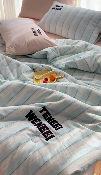 91家纺网 家纺一手货源 找家纺 荔禾家居 2024新款ins混搭博主风全棉色织水洗棉夏被四件组 烟画