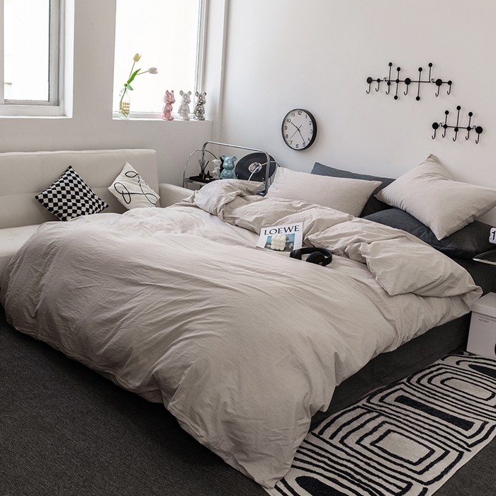 91家纺网 家纺一手货源 找家纺 羋多（原穆琪） 2024新款A类全棉色织水洗棉纯色四件套 浅米混搭深灰