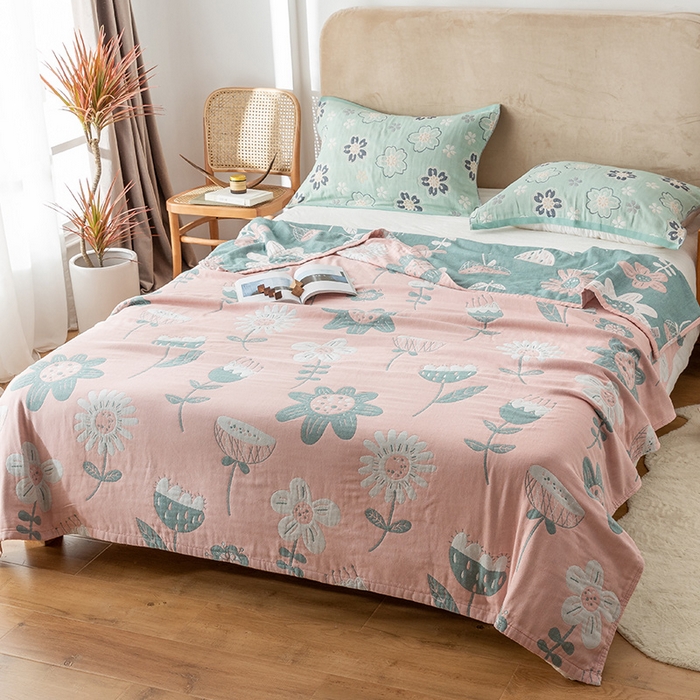 91家纺网 家纺一手货源 找家纺 朴尔家纺-毛巾被 2024新款四层韩版碎花风全棉纱布毛巾被 清新夏日-粉