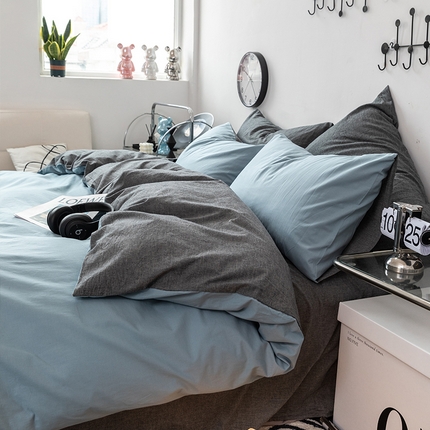 91家纺网 家纺一手货源 找家纺 羋多（原穆琪） 2024新款A类全棉色织水洗棉纯色四件套 雾蓝拼深灰（双拼）