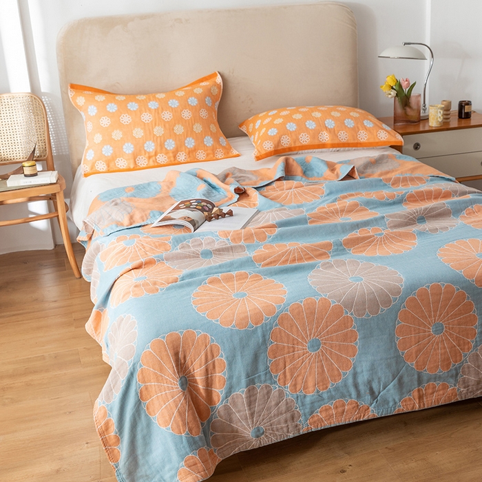 91家纺网 家纺一手货源 找家纺 朴尔家纺-毛巾被 2024新款四层韩版碎花风全棉纱布毛巾被 橘子物语-兰