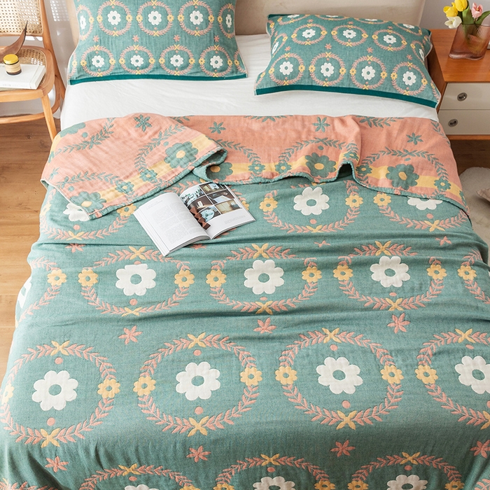 91家纺网 家纺一手货源 找家纺 朴尔家纺-毛巾被 2024新款四层韩版碎花风全棉纱布毛巾被 花环-绿