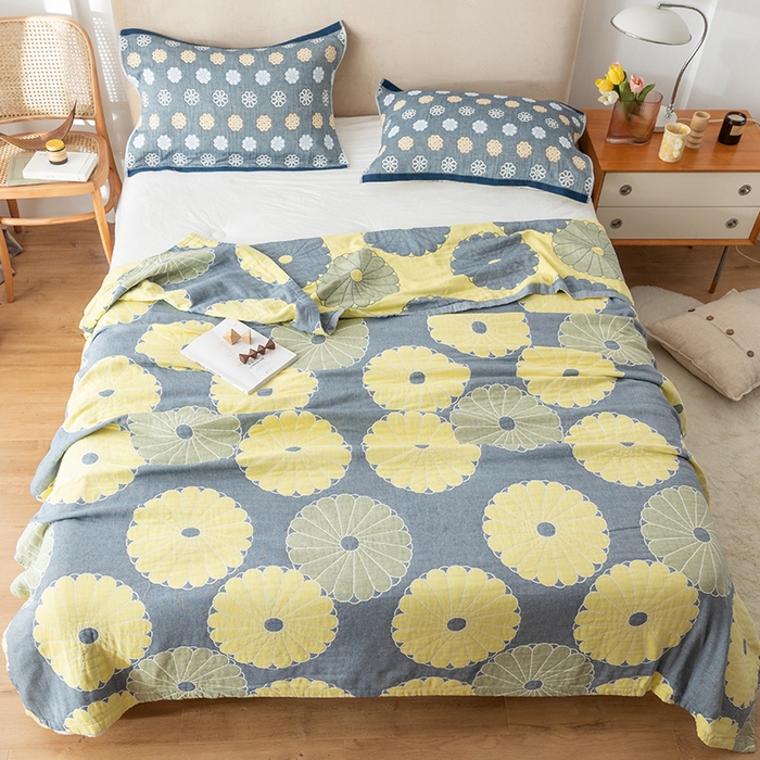 91家纺网 家纺一手货源 找家纺 朴尔家纺-毛巾被 2024新款四层韩版碎花风全棉纱布毛巾被 橘子物语-深灰