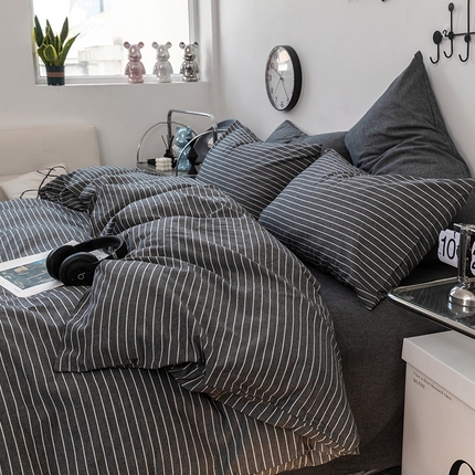 羋多（原穆琪） 2024新款A类全棉色织水洗棉纯色四件套 灰细条