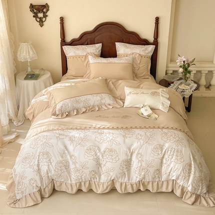 91家纺网 家纺一手货源 找家纺 （总）豪美鑫 2025新款亲肤棉刺绣花边四件套-玫瑰恋人