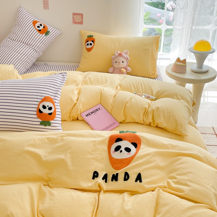 91家纺网 家纺一手货源 找家纺 葡萄家纺 2024款水果熊猫系列云朵水洗棉毛巾绣四件套第二批（提供买家秀） 香芋芝士-黄