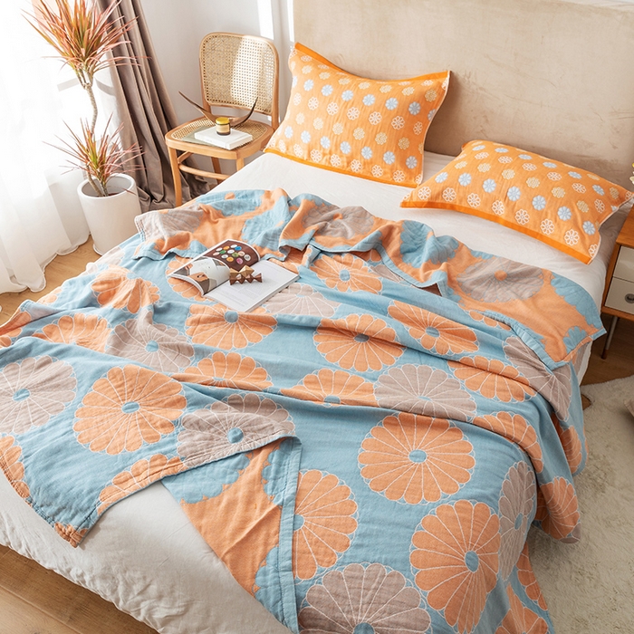 91家纺网 家纺一手货源 找家纺 朴尔家纺-毛巾被 2024新款四层韩版碎花风全棉纱布毛巾被 橘子物语-兰