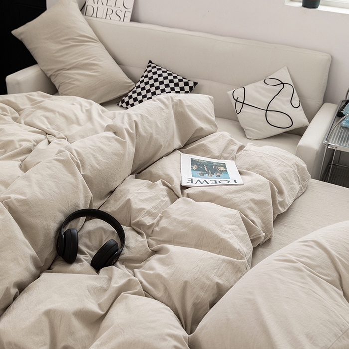 91家纺网 家纺一手货源 找家纺 羋多（原穆琪） 2024新款A类全棉色织水洗棉纯色四件套 浅米