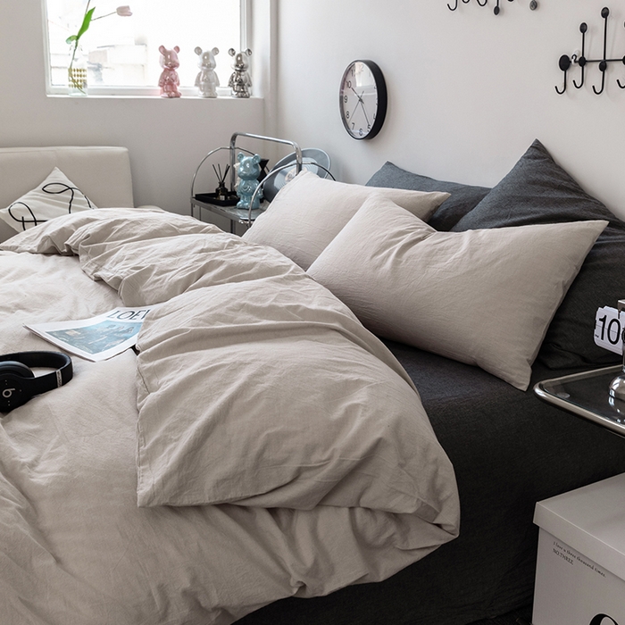 91家纺网 家纺一手货源 找家纺 羋多（原穆琪） 2024新款A类全棉色织水洗棉纯色四件套 浅米混搭深灰