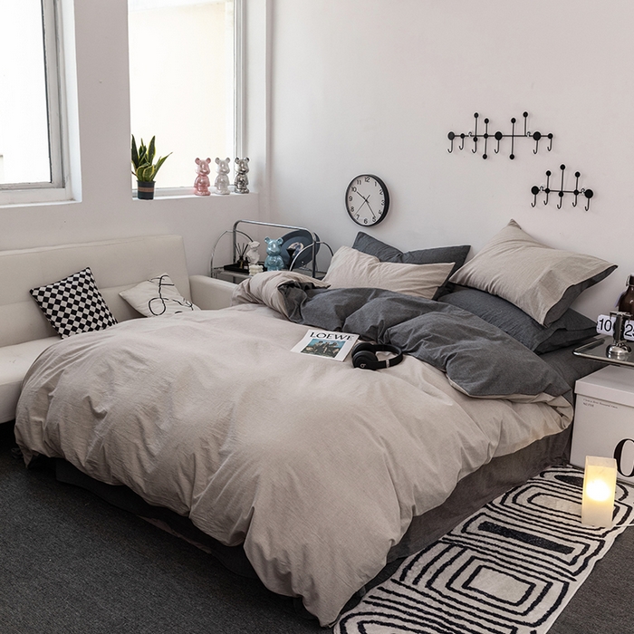 91家纺网 家纺一手货源 找家纺 羋多（原穆琪） 2024新款A类全棉色织水洗棉纯色四件套 浅米拼深灰（双拼）