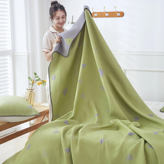 91家纺网 家纺一手货源 找家纺 朴尔家纺-毛巾被 2024新款柔绵绵风贝壳针复合工艺六层纱布毛巾被盖毯 心叶-绿