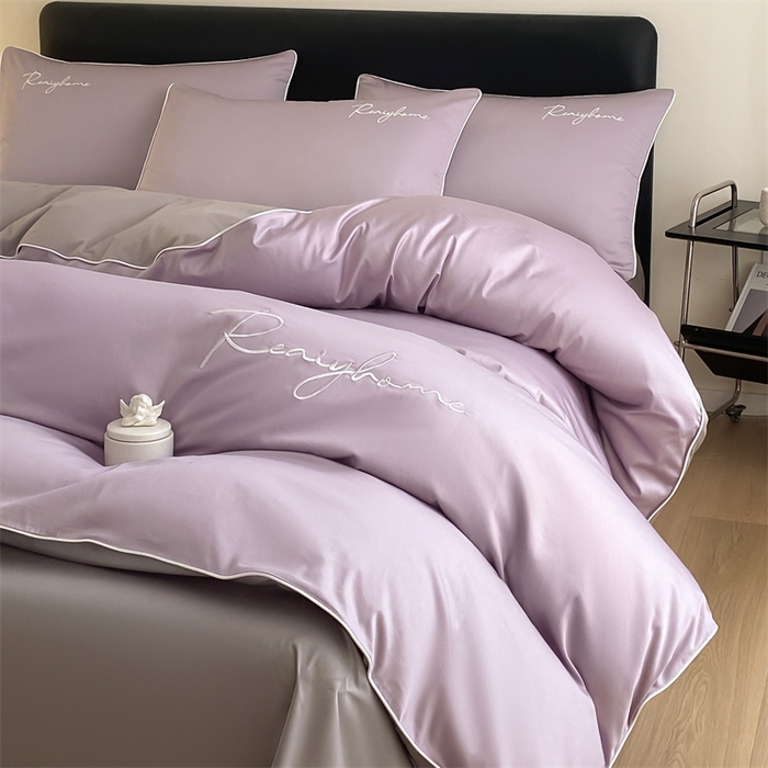 91家纺网 家纺一手货源 找家纺 慕色家纺 2024新款全棉刺绣四件套轻奢系列 轻奢-罗兰紫+古铜灰