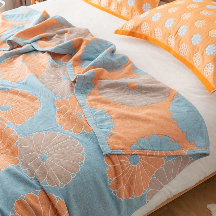 91家纺网 家纺一手货源 找家纺 朴尔家纺-毛巾被 2024新款四层韩版碎花风全棉纱布毛巾被 橘子物语-兰