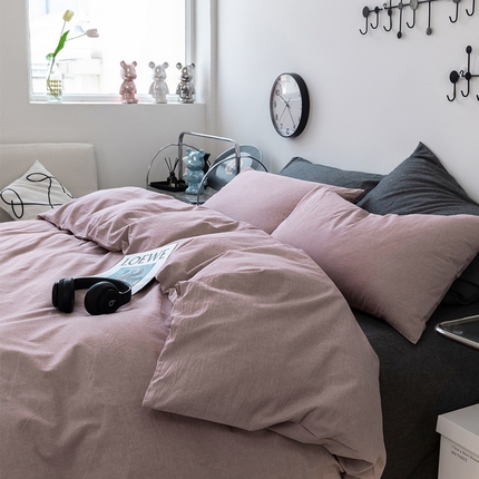 羋多（原穆琪） 2024新款A类全棉色织水洗棉纯色四件套 豆沙混搭深灰