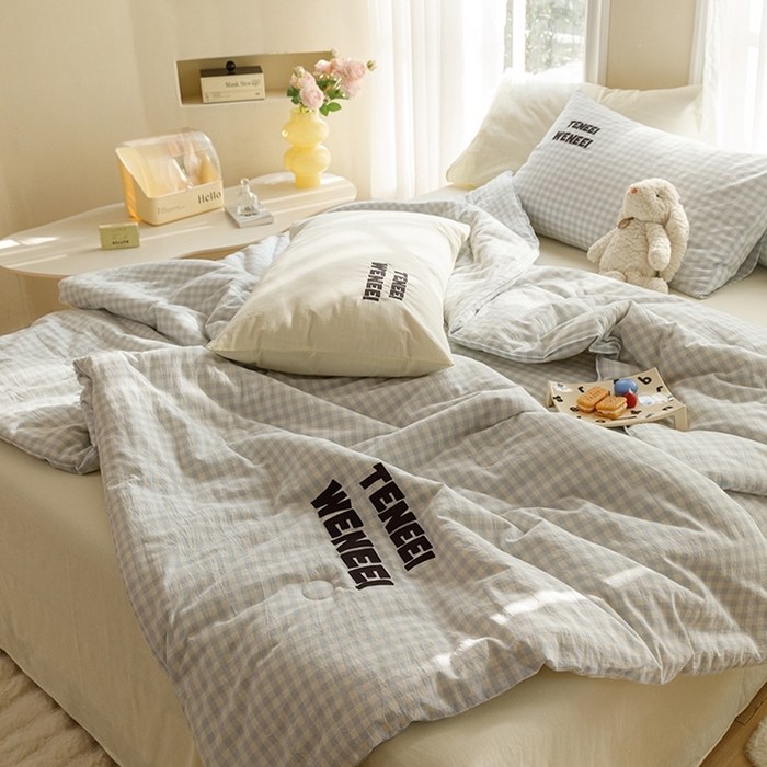 91家纺网 家纺一手货源 找家纺 荔禾家居 2024新款ins混搭博主风全棉色织水洗棉夏被四件组 南风