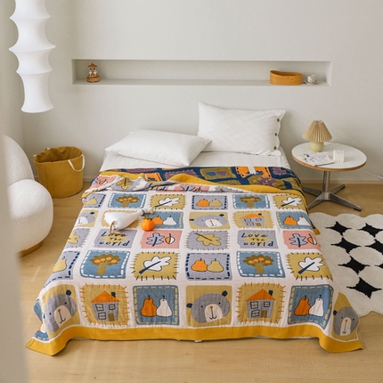 91家纺网 家纺一手货源 找家纺 朴尔家纺-毛巾被 2024新款调皮风宽边加厚透气全棉四层纱布毛巾被 卡片总动员