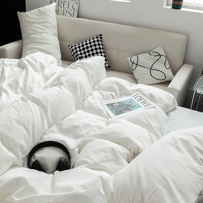 91家纺网 家纺一手货源 找家纺 羋多（原穆琪） 2024新款A类全棉色织水洗棉纯色四件套 雅白