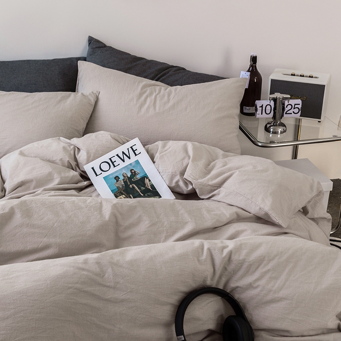 91家纺网 家纺一手货源 找家纺 羋多（原穆琪） 2024新款A类全棉色织水洗棉纯色四件套 浅米混搭深灰