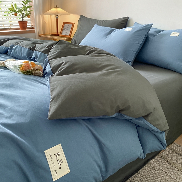 91家纺网 家纺一手货源 找家纺 琪格格纺织 2024新款40支13372纯棉良品系列四件套 1良品 深蓝配深灰