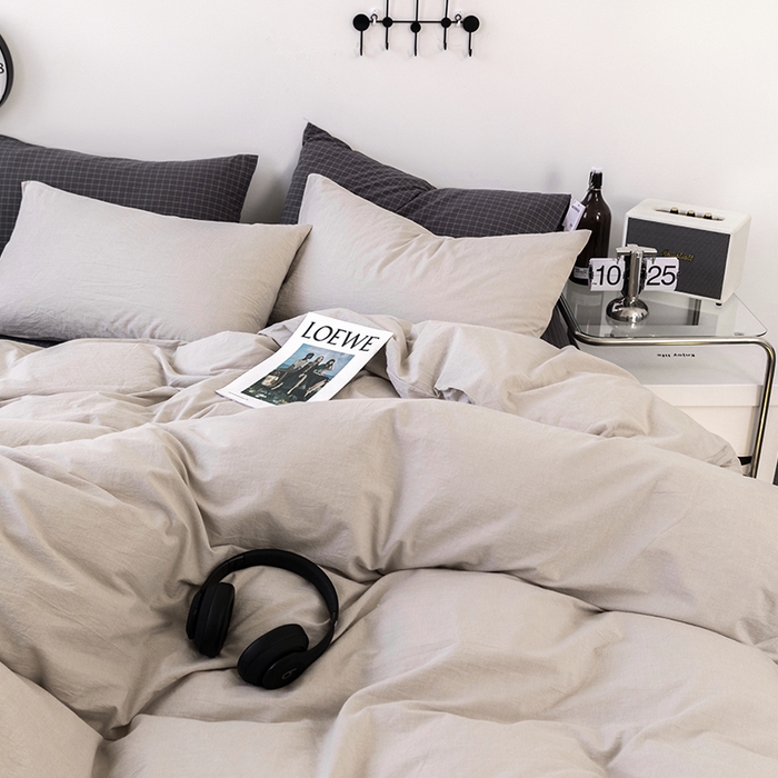 91家纺网 家纺一手货源 找家纺 羋多（原穆琪） 2024新款A类全棉色织水洗棉纯色四件套 浅米混搭灰小格