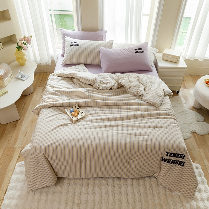 91家纺网 家纺一手货源 找家纺 荔禾家居 2024新款ins混搭博主风全棉色织水洗棉夏被四件组 橘络