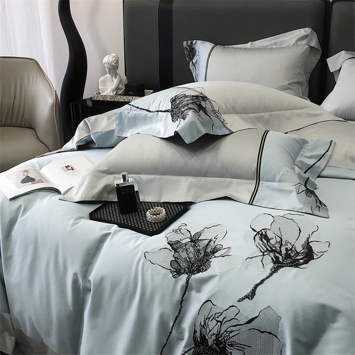 91家纺网 家纺一手货源 找家纺 梵克保罗 2024新款100支长绒棉四件套 宁静蓝