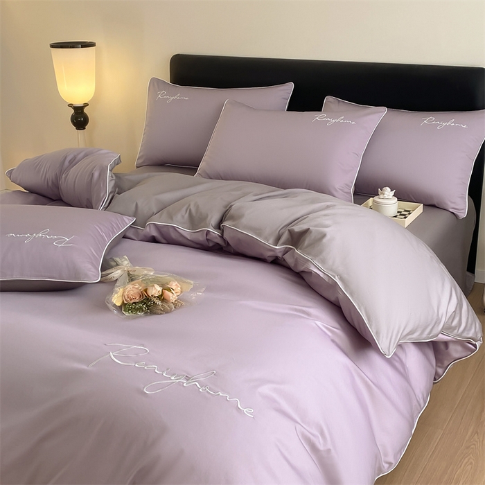 91家纺网 家纺一手货源 找家纺 慕色家纺 2024新款全棉刺绣四件套轻奢系列 轻奢-罗兰紫+古铜灰