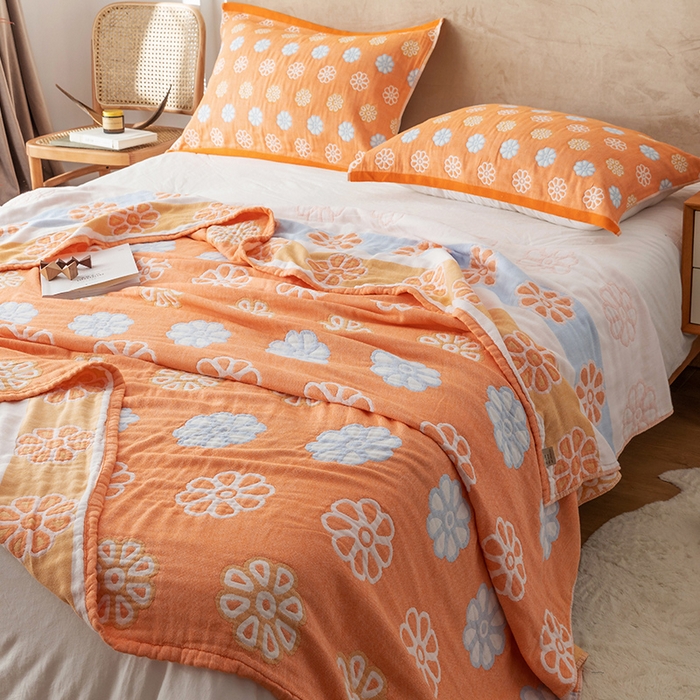 91家纺网 家纺一手货源 找家纺 朴尔家纺-毛巾被 2024新款四层韩版碎花风全棉纱布毛巾被 曼陀罗-橘