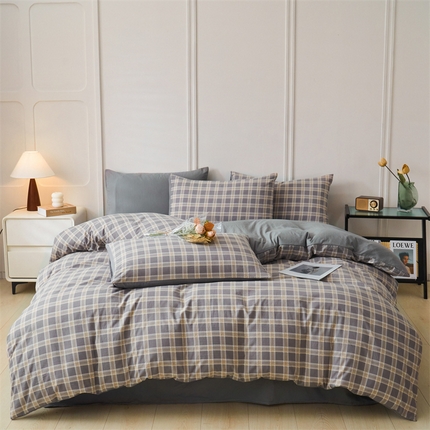 91家纺网 家纺一手货源 找家纺 盛秋家纺 2025新款水洗棉格子系列四件套 保罗+中灰