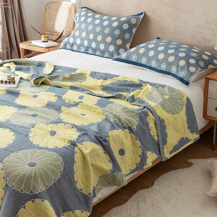 91家纺网 家纺一手货源 找家纺 朴尔家纺-毛巾被 2024新款四层韩版碎花风全棉纱布毛巾被 橘子物语-深灰