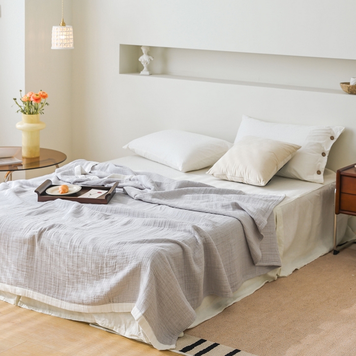 91家纺网 家纺一手货源 找家纺 朴尔家纺-毛巾 2024新款全棉80支四层纱布毛巾被 宽边-灰