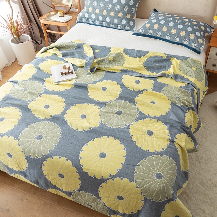 91家纺网 家纺一手货源 找家纺 朴尔家纺-毛巾被 2024新款四层韩版碎花风全棉纱布毛巾被 橘子物语-深灰